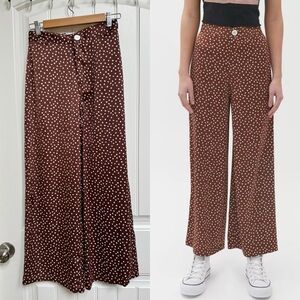Urban Outfitters Olympia Brown Polka Dot Satin Wide Leg High Waisted Pants. S